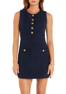 ENGLISH FACTORY Women's Gold Button Poiinted Tweed Dress, Navy Blue, Small