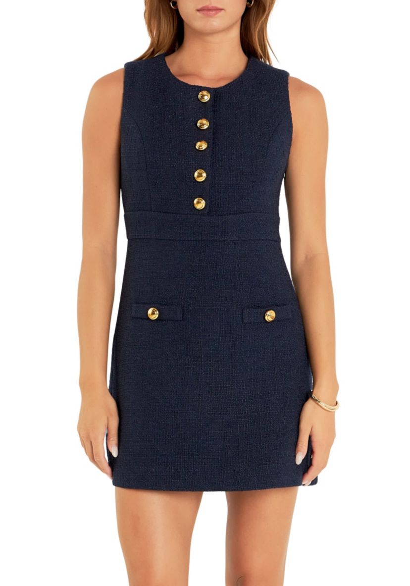 Gold Button Poiinted Tweed Dress