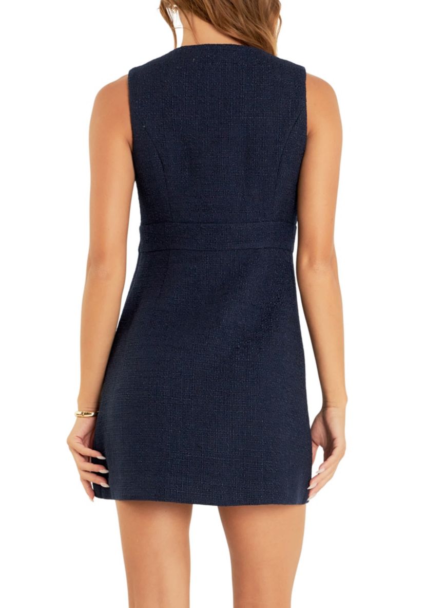 Gold Button Poiinted Tweed Dress