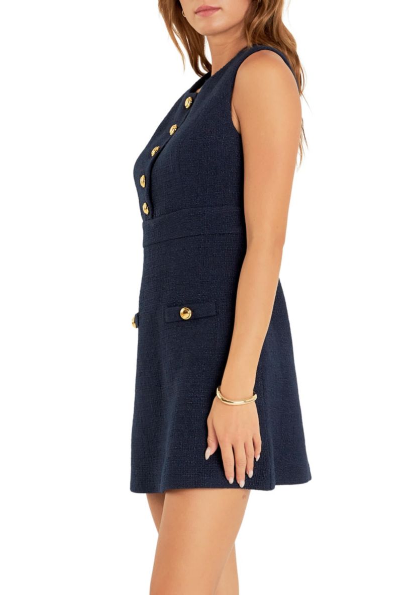 Gold Button Poiinted Tweed Dress