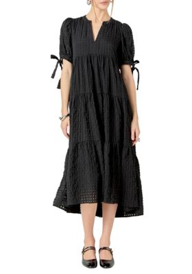 ENGLISH FACTORY Women's Gingham Tiered Midi Dress with Bow Tie Sleeves, Black, Medium