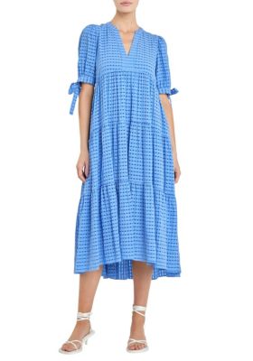 ENGLISH FACTORY Women's Gingham Tiered Midi Dress with Bow Tie Sleeves, Medium