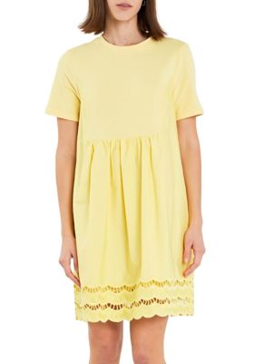 ENGLISH FACTORY Women's Mix Media Scallop Lace Mini Dress, Yellow, Medium