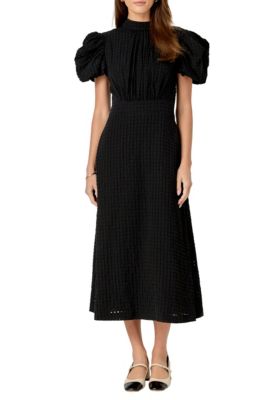 ENGLISH FACTORY Women's PUFF SLEEVES MIDI DRESS, Black, Small
