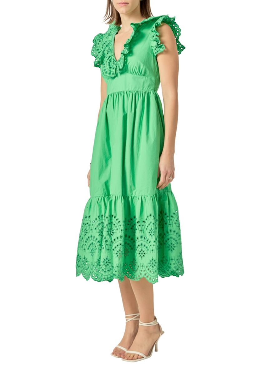 Eyelet Scallop Detail Midi Dress