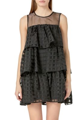 ENGLISH FACTORY Women's Organza Gridded Tiered Sleeveless Mini, Black, Large