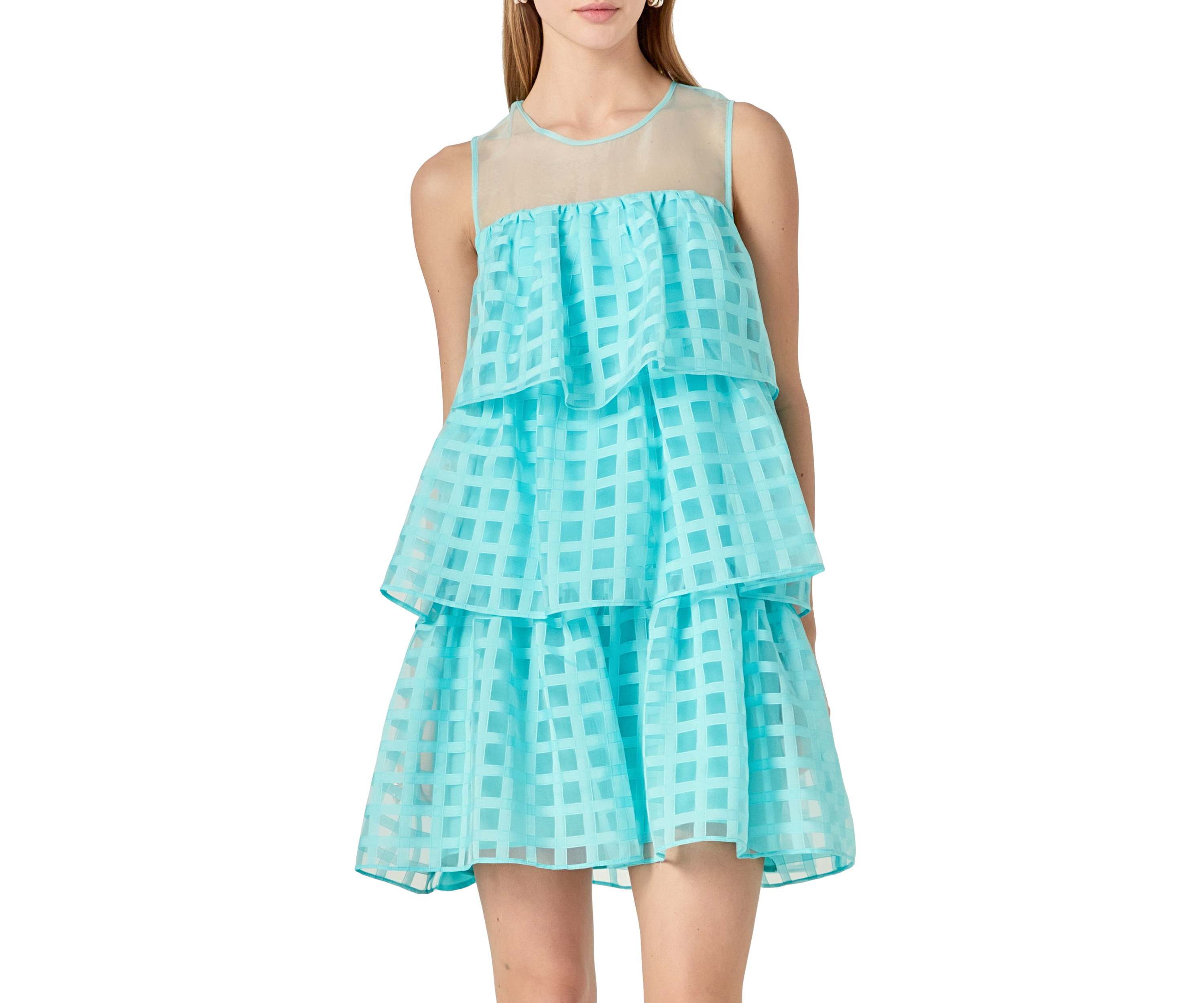 Organza Gridded Tiered Sleeveless Mini