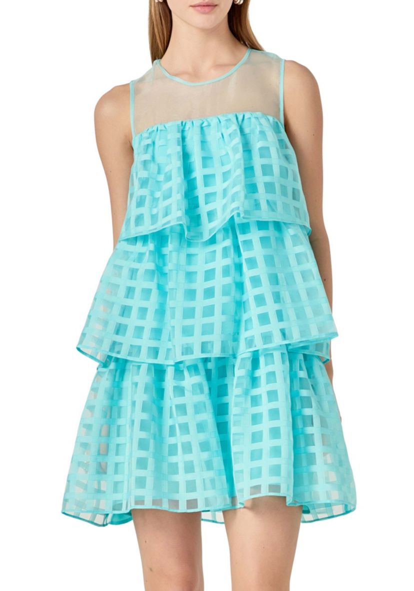 Organza Gridded Tiered Sleeveless Mini