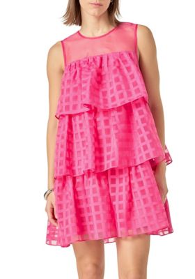 ENGLISH FACTORY Women's Organza Gridded Tiered Sleeveless Mini, Fuchsia, Large