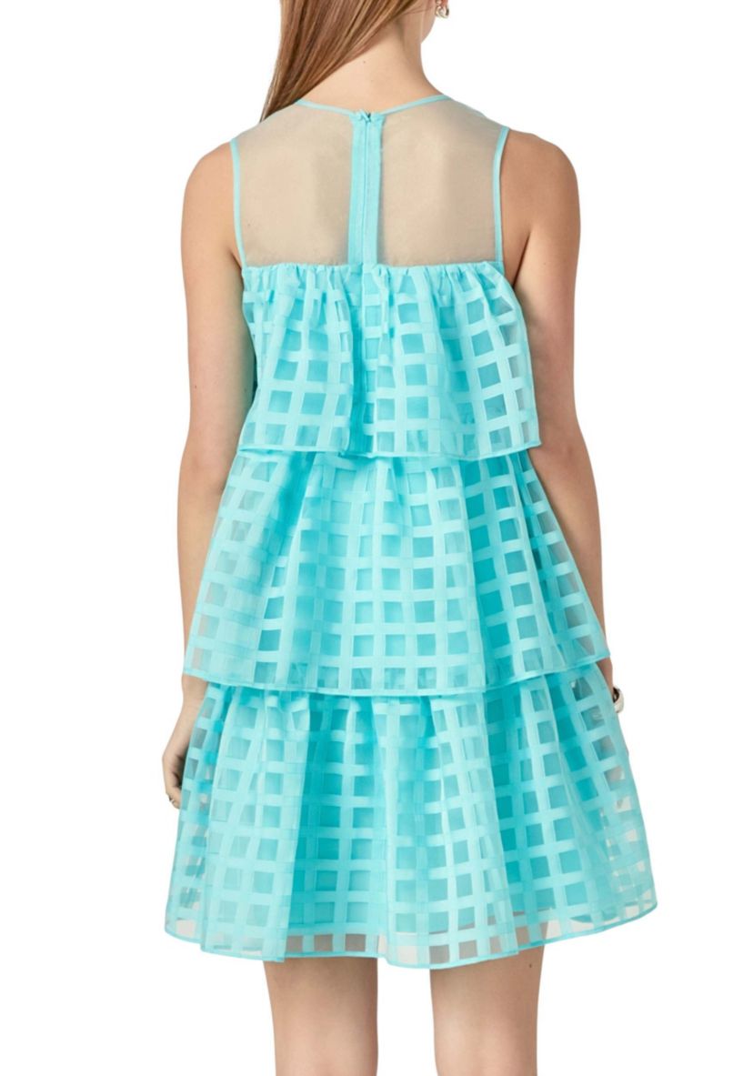 Organza Gridded Tiered Sleeveless Mini