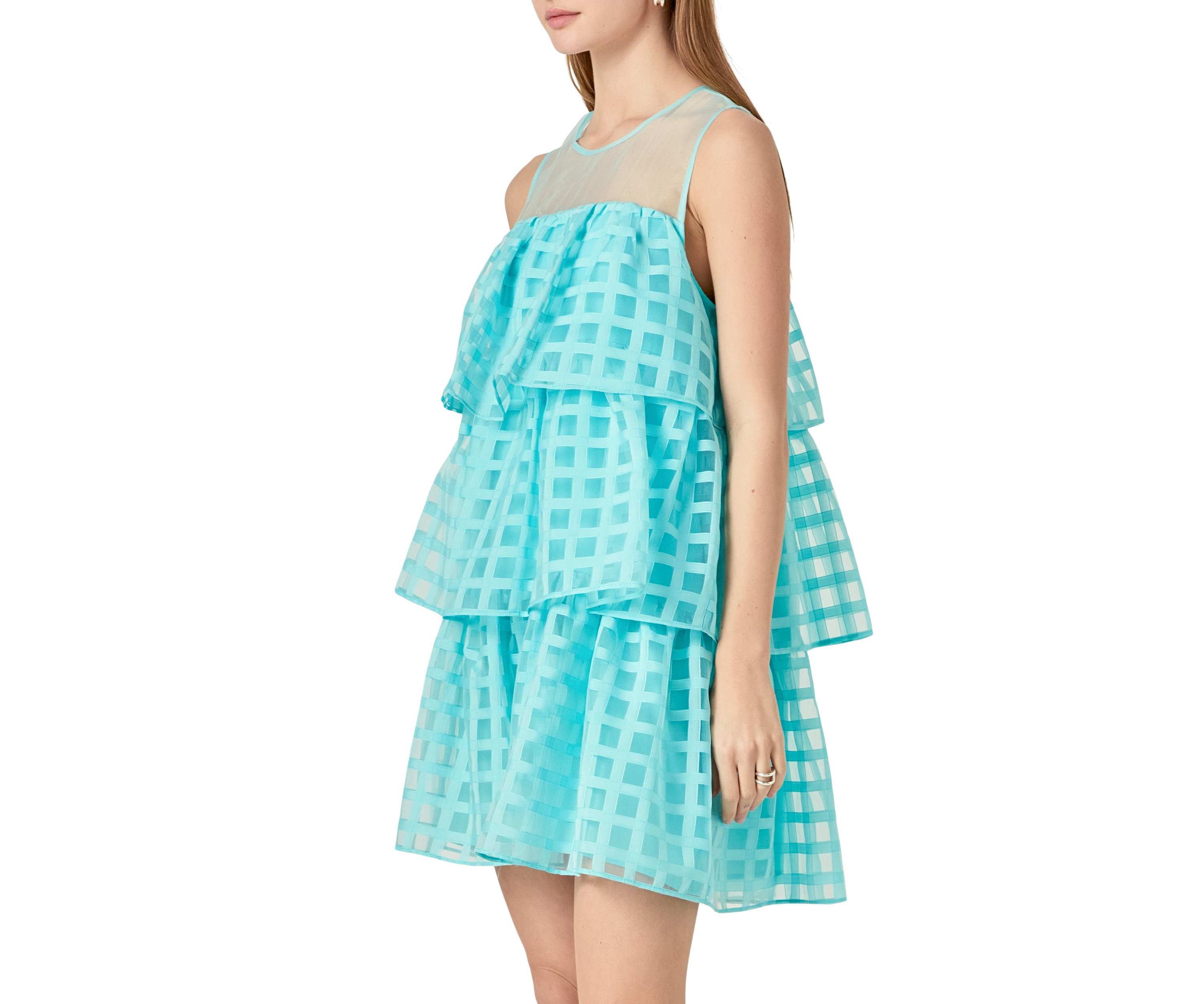 Organza Gridded Tiered Sleeveless Mini