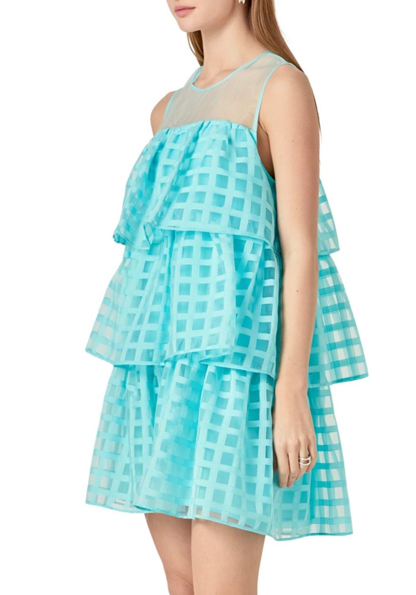 Organza Gridded Tiered Sleeveless Mini