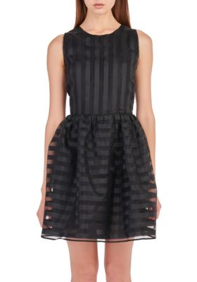 ENGLISH FACTORY Women's Striped Organza Sleeveless Mini Dress, Black, Large