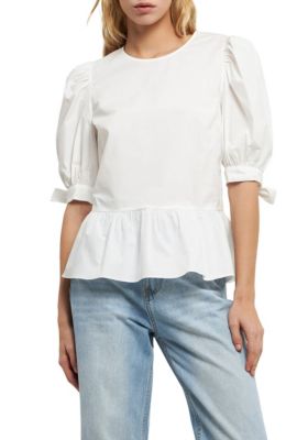 ENGLISH FACTORY Women's Bow Tie Peplum Poplin Top, Ivory, Small