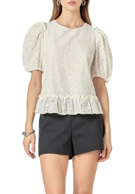 ENGLISH FACTORY Women's Lace Puff Sleeve Top With Shoulder Ruffle Details, White, Medium