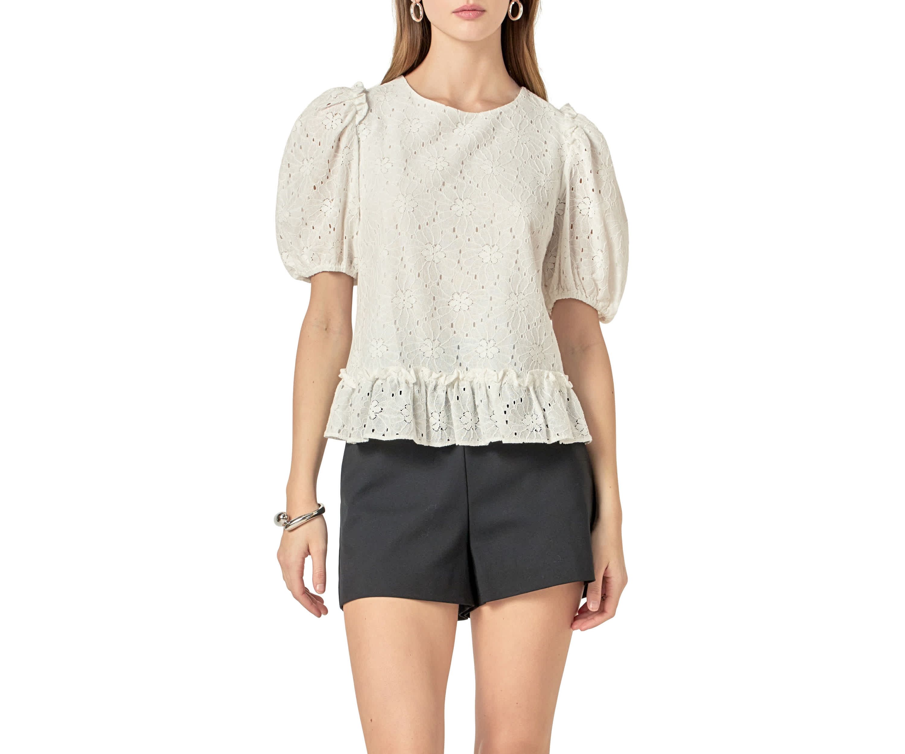 Lace Puff Sleeve Top With Shoulder Ruffle Details