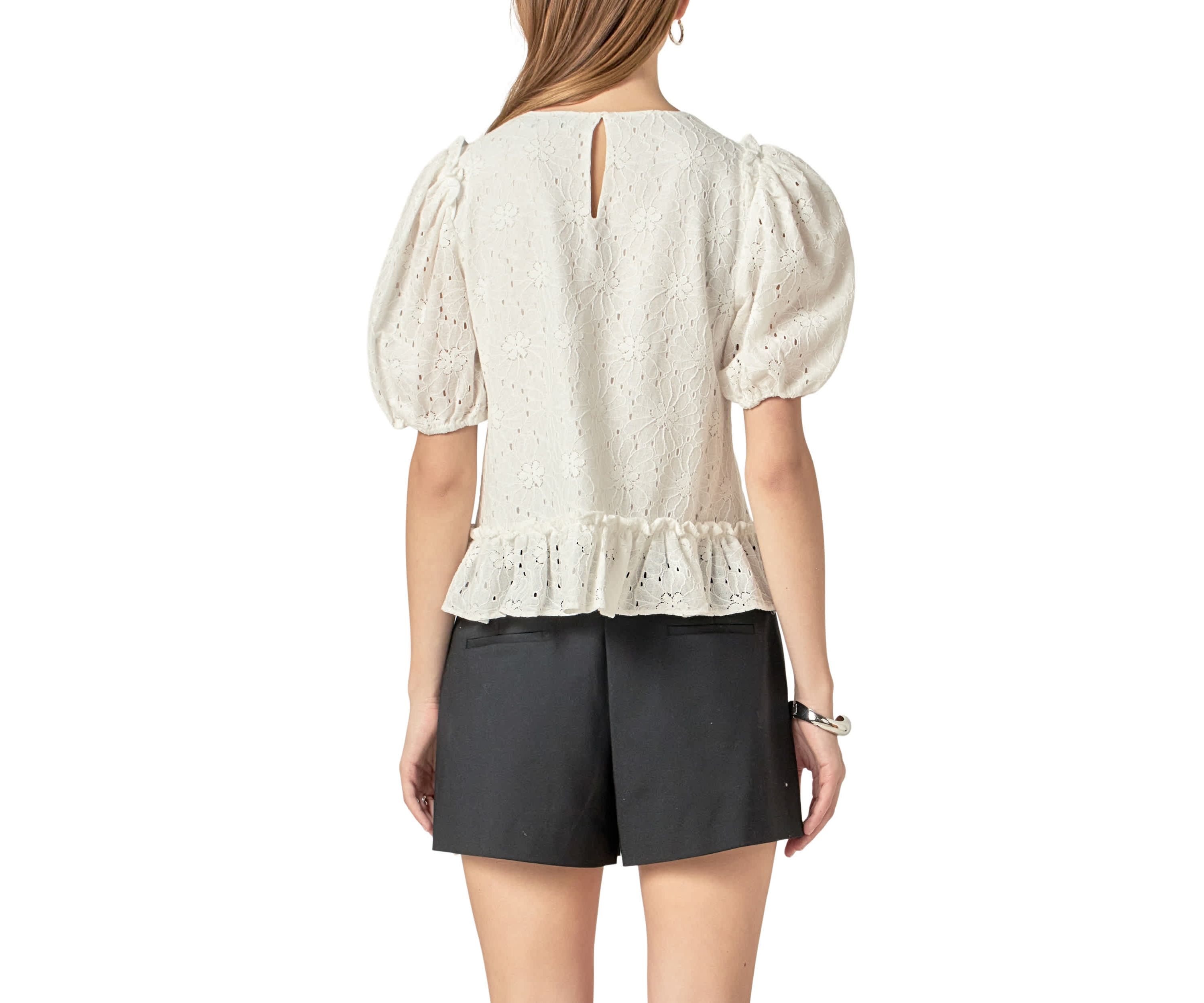 Lace Puff Sleeve Top With Shoulder Ruffle Details