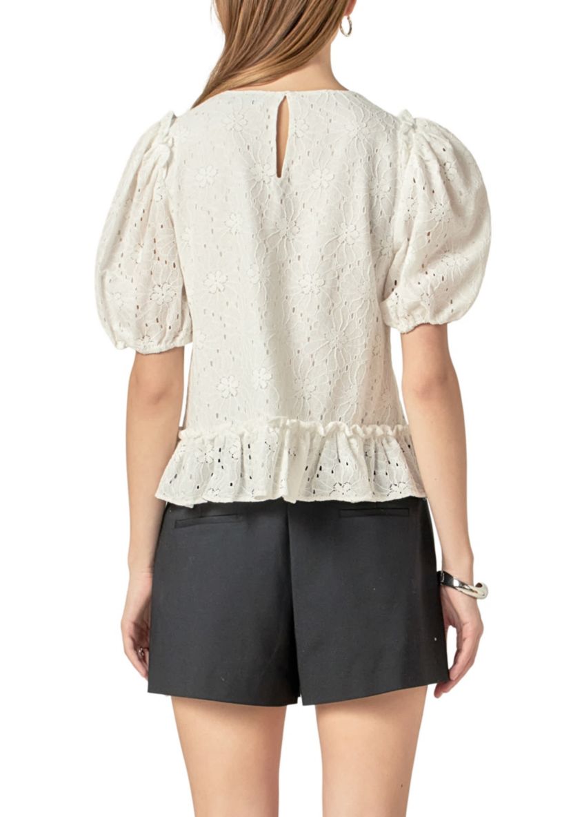 Lace Puff Sleeve Top With Shoulder Ruffle Details