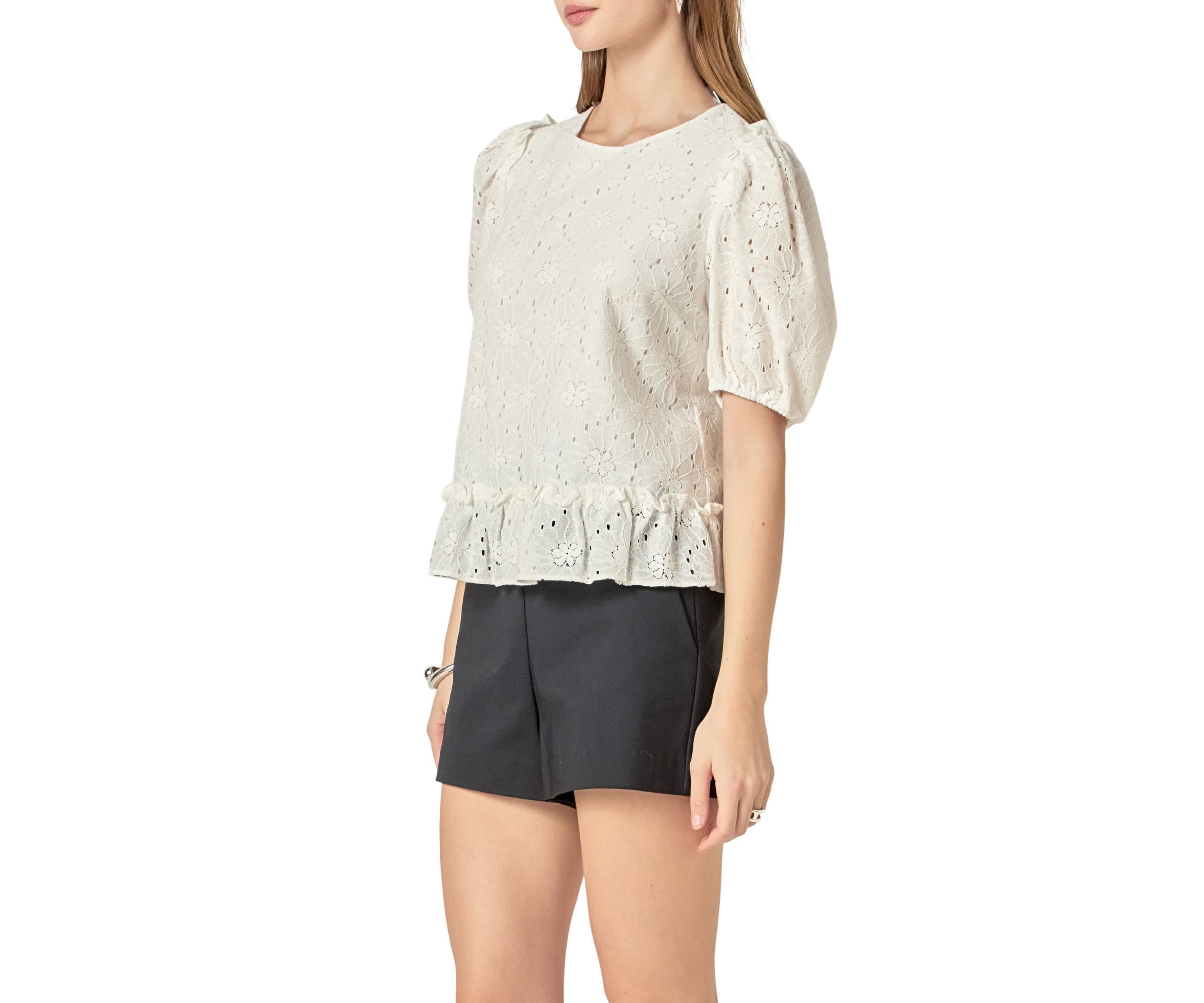 Lace Puff Sleeve Top With Shoulder Ruffle Details