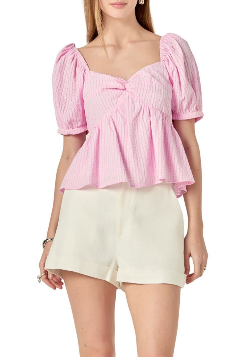 Check Print Puff Sleeve Top