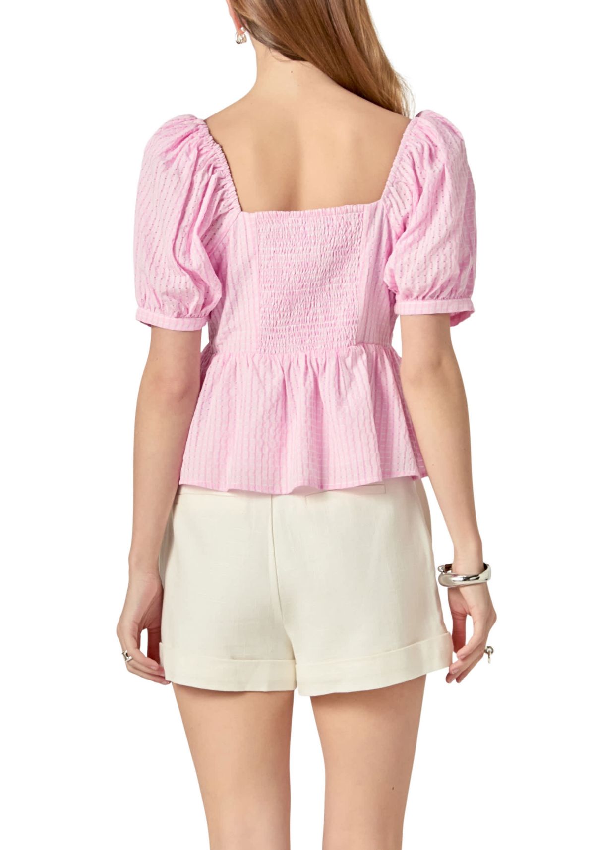 Check Print Puff Sleeve Top