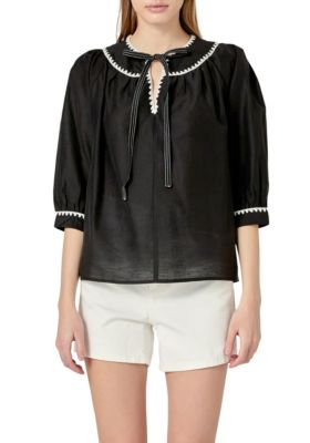 ENGLISH FACTORY Women's Embroidery Bow Detailed Top, Small