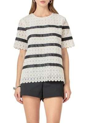 ENGLISH FACTORY Women's Lace Striped Top, Large