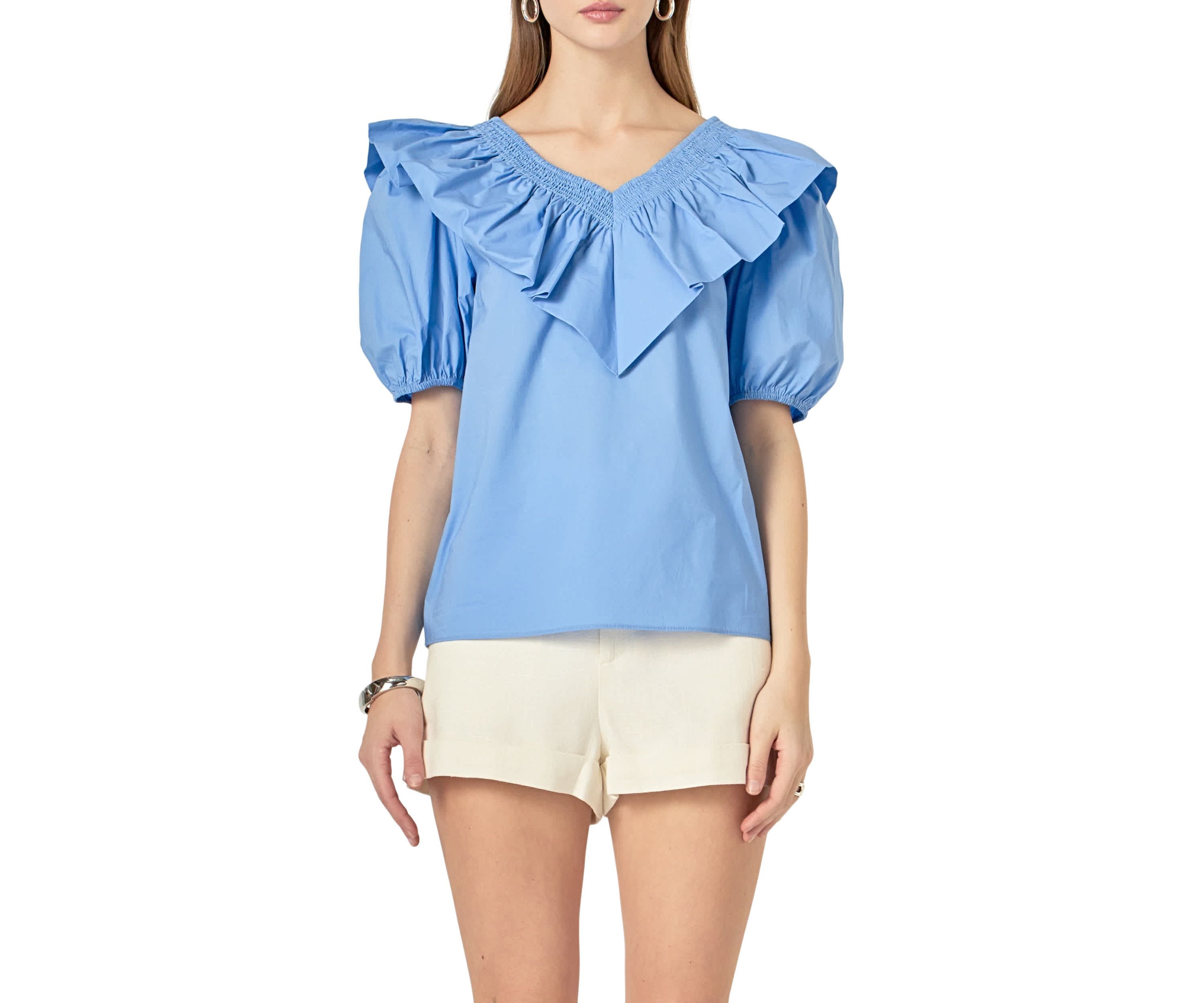 Smocked Ruffled Puff Sleeve Top