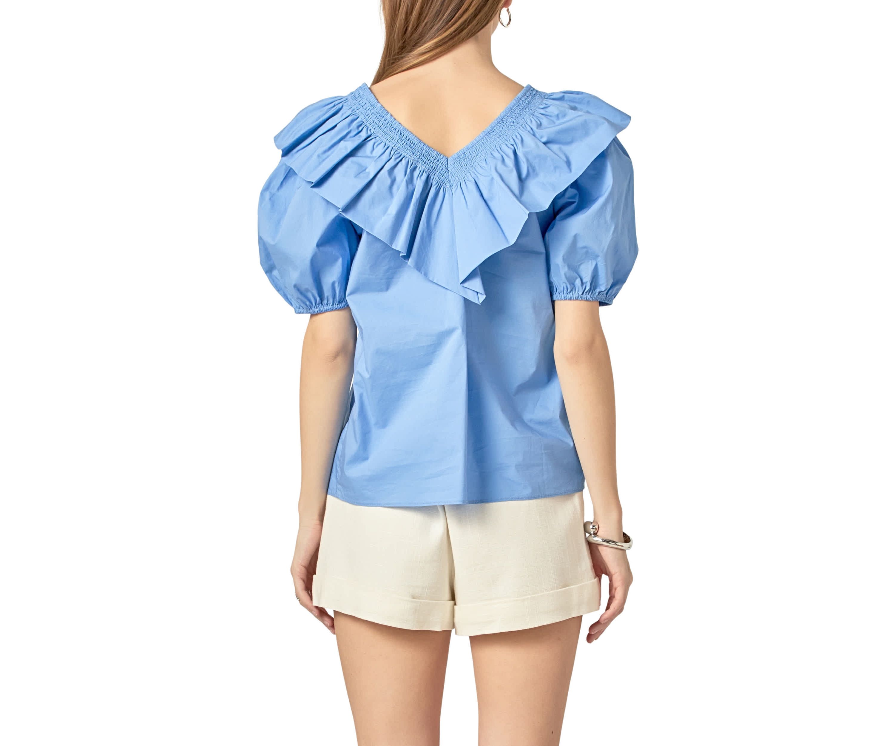 Smocked Ruffled Puff Sleeve Top