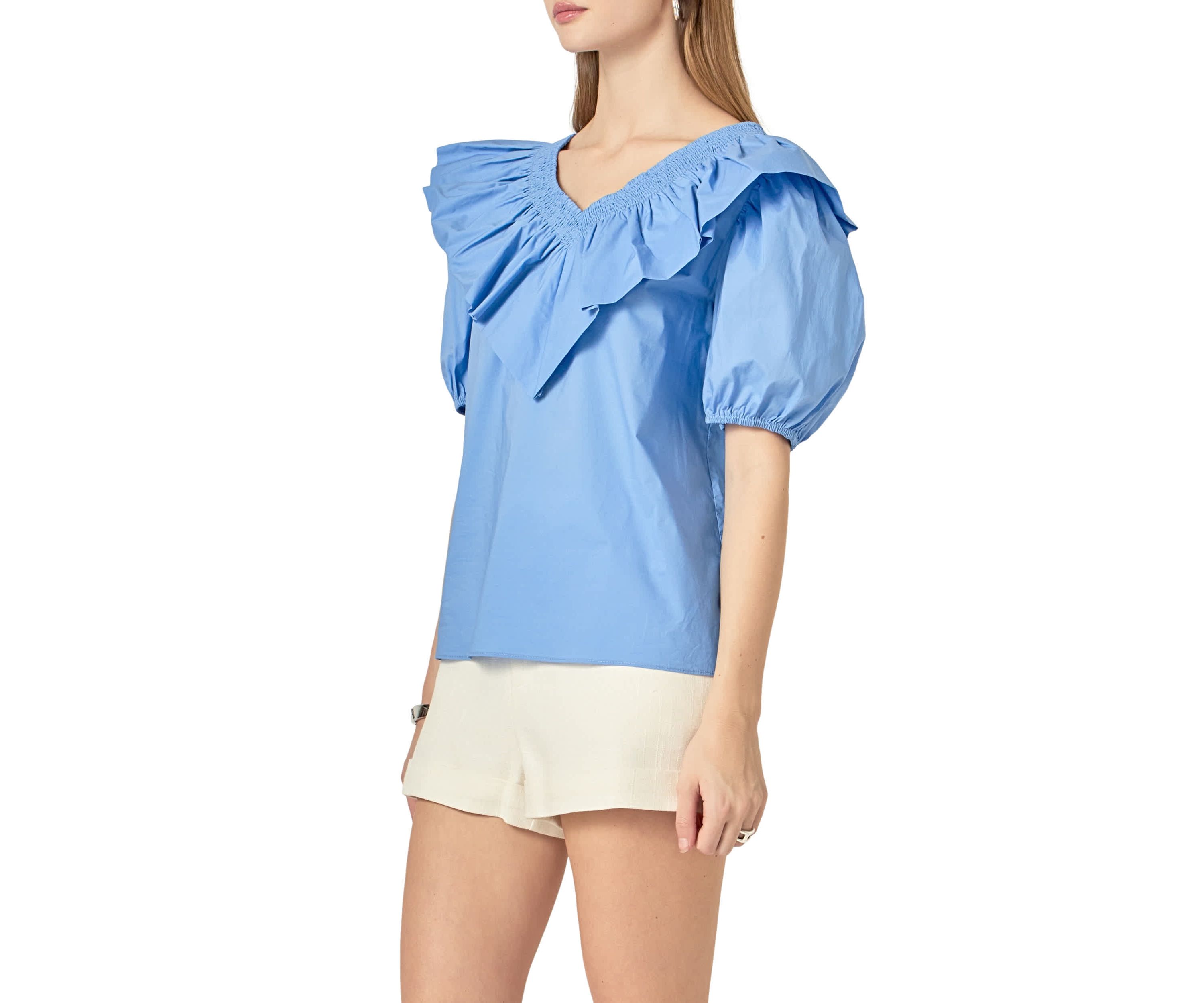 Smocked Ruffled Puff Sleeve Top