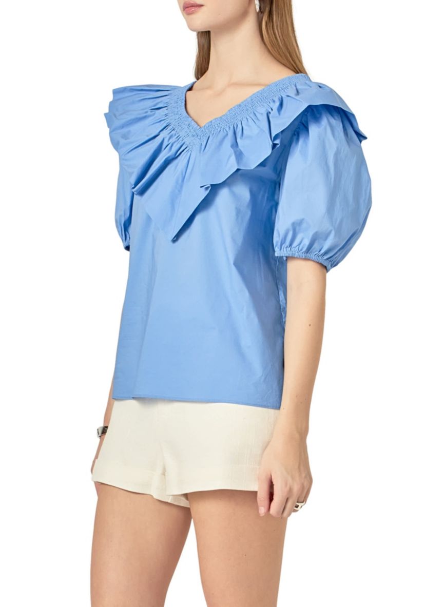 Smocked Ruffled Puff Sleeve Top