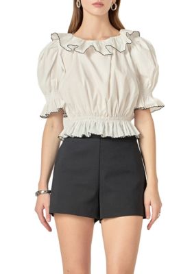 ENGLISH FACTORY Women's Picot Stitched Poplin Top, White, Large