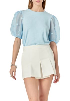 ENGLISH FACTORY Women's Pom Pom Mixed Media Top, Blue, Large