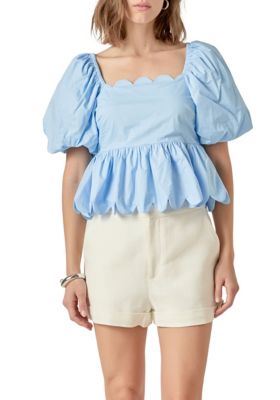 ENGLISH FACTORY Women's Scalloped Detail Top, Blue, Large