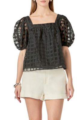 ENGLISH FACTORY Women's Organza Gridded Square Neck Crop Top, Black, Medium