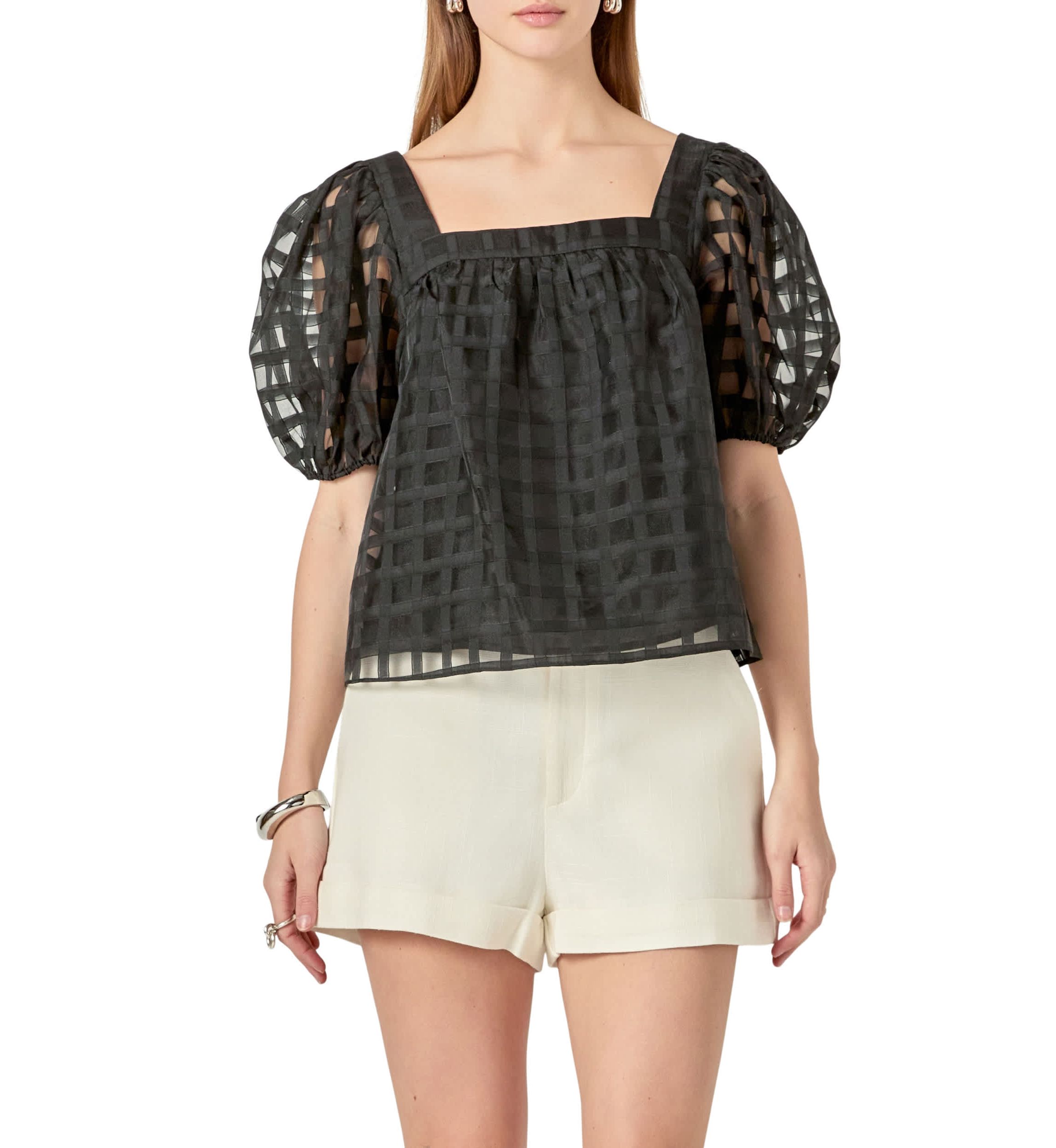 Organza Gridded Square Neck Crop Top