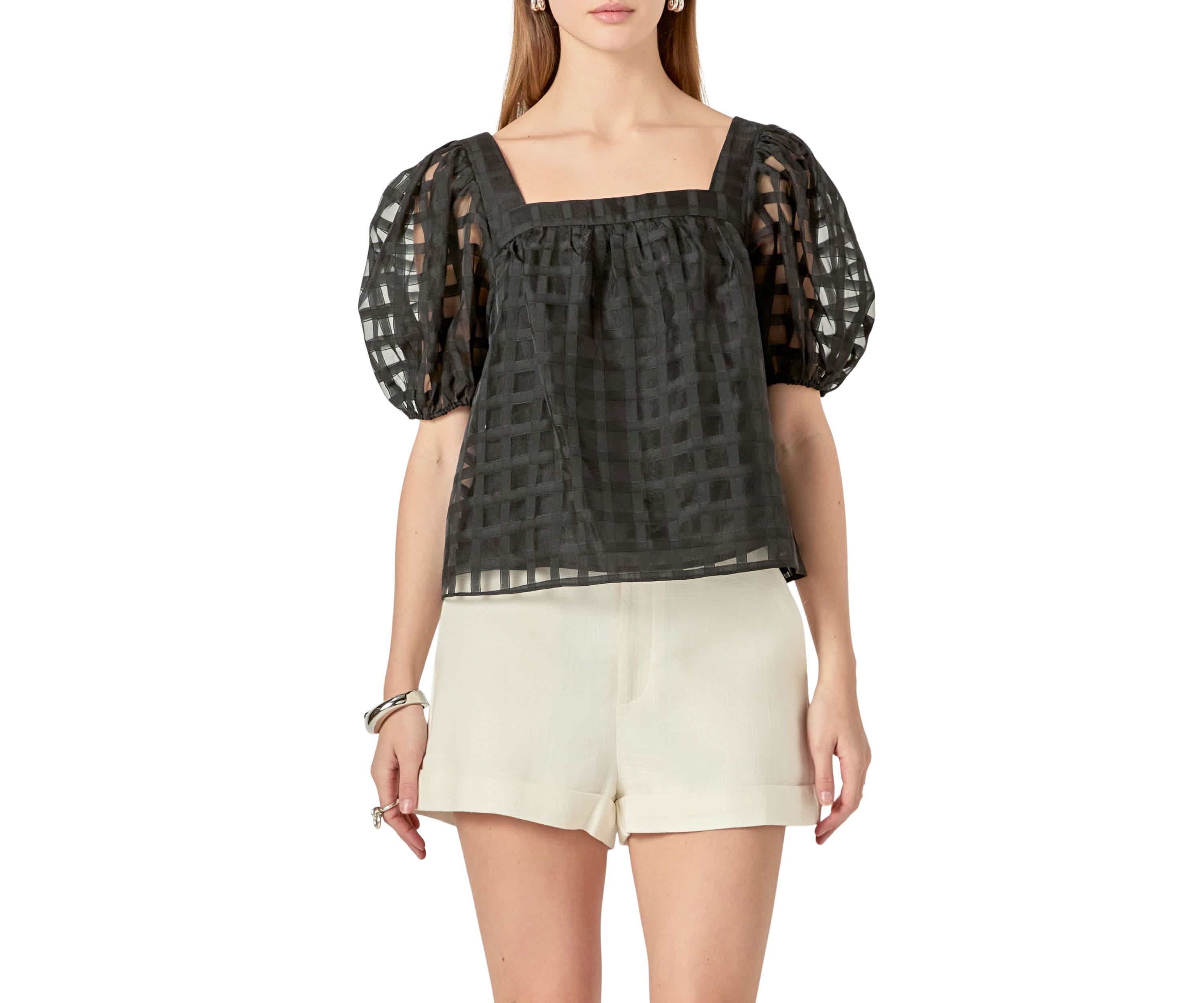 Organza Gridded Square Neck Crop Top