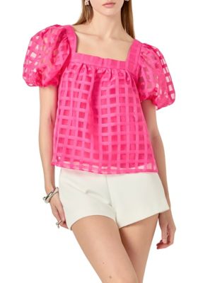 ENGLISH FACTORY Women's Organza Gridded Square Neck Crop Top, Fuchsia, Small
