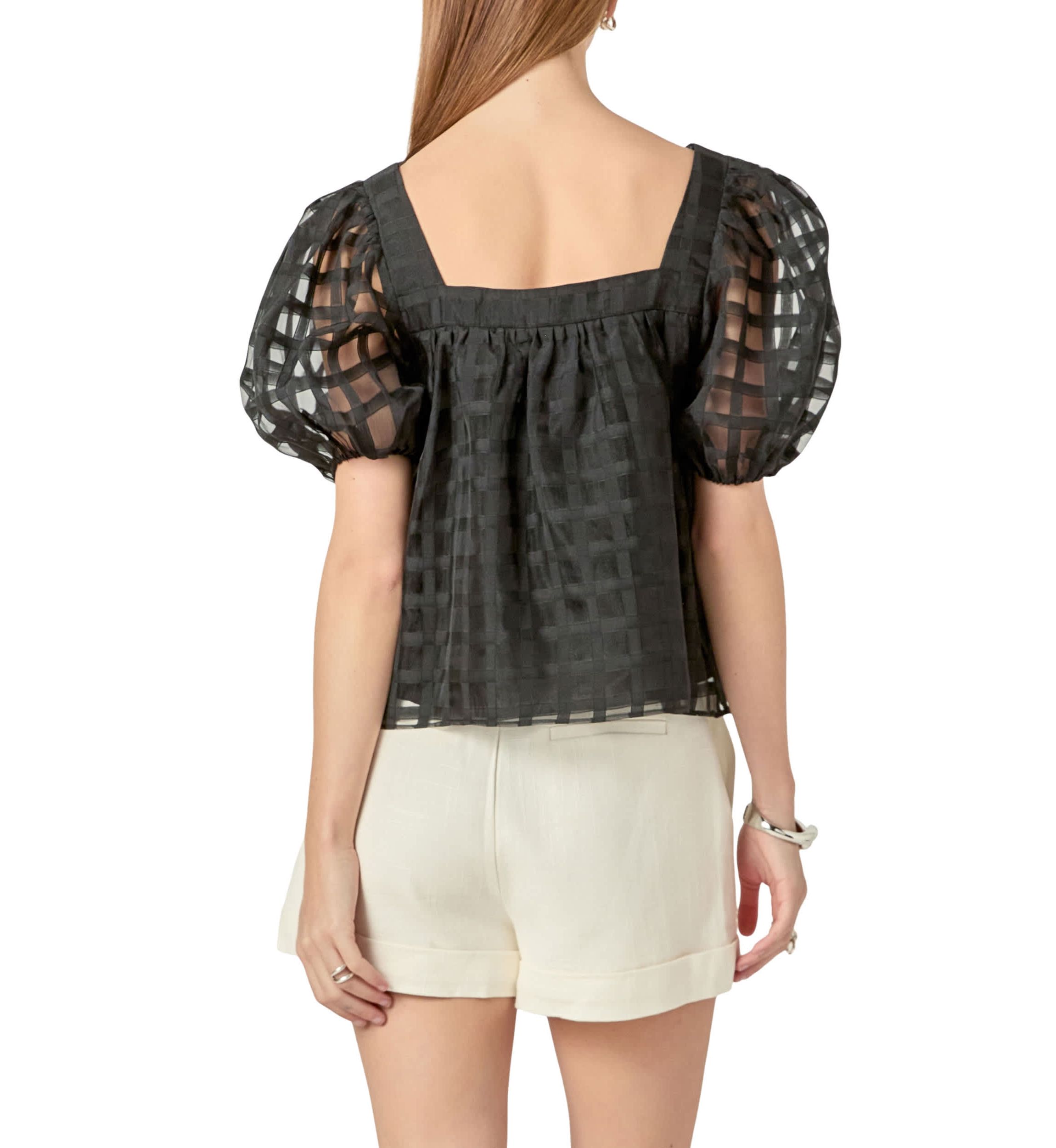Organza Gridded Square Neck Crop Top