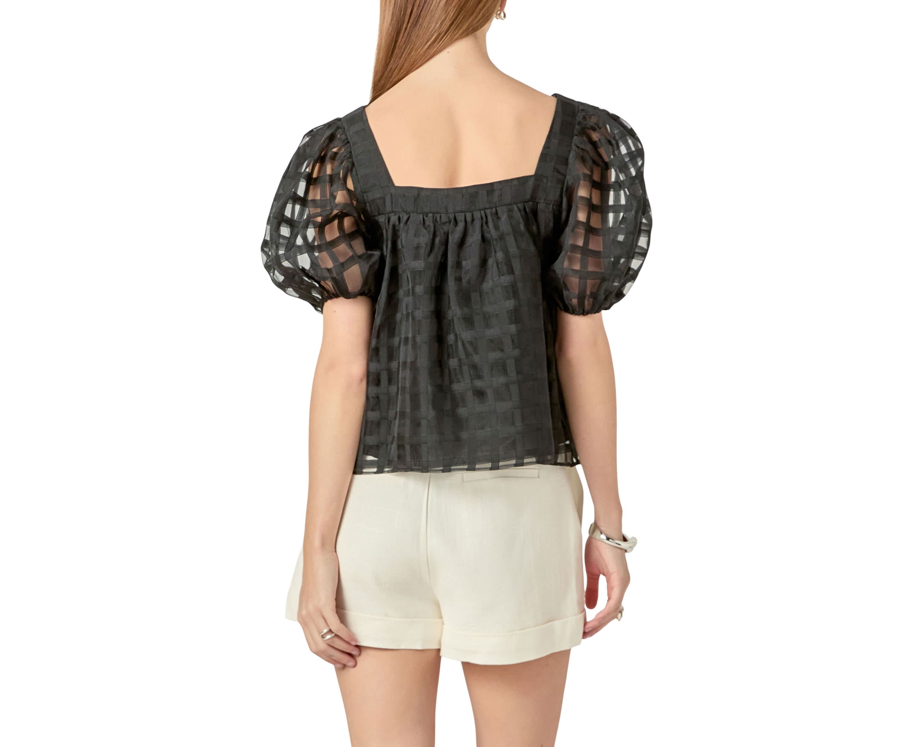 Organza Gridded Square Neck Crop Top