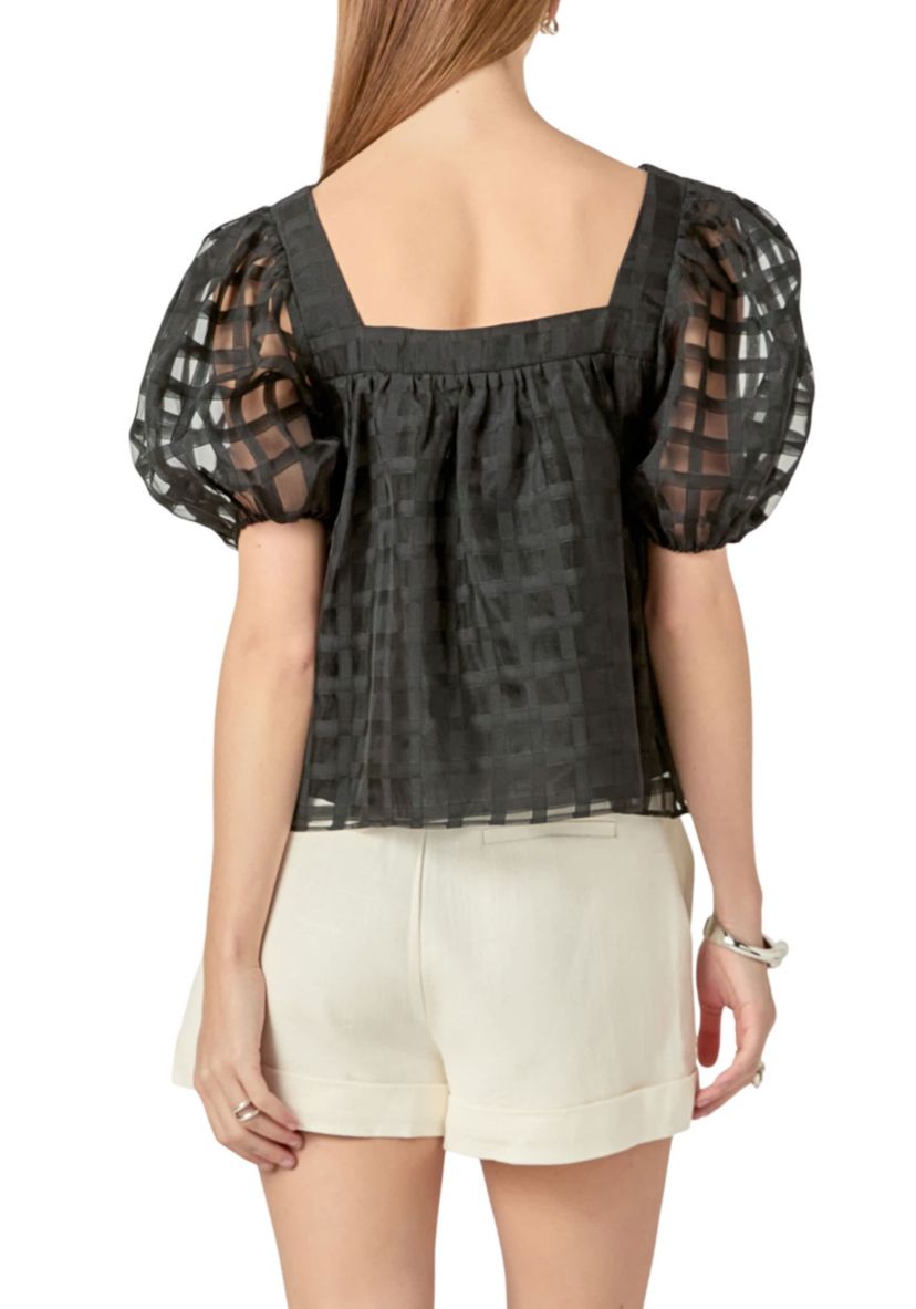 Organza Gridded Square Neck Crop Top