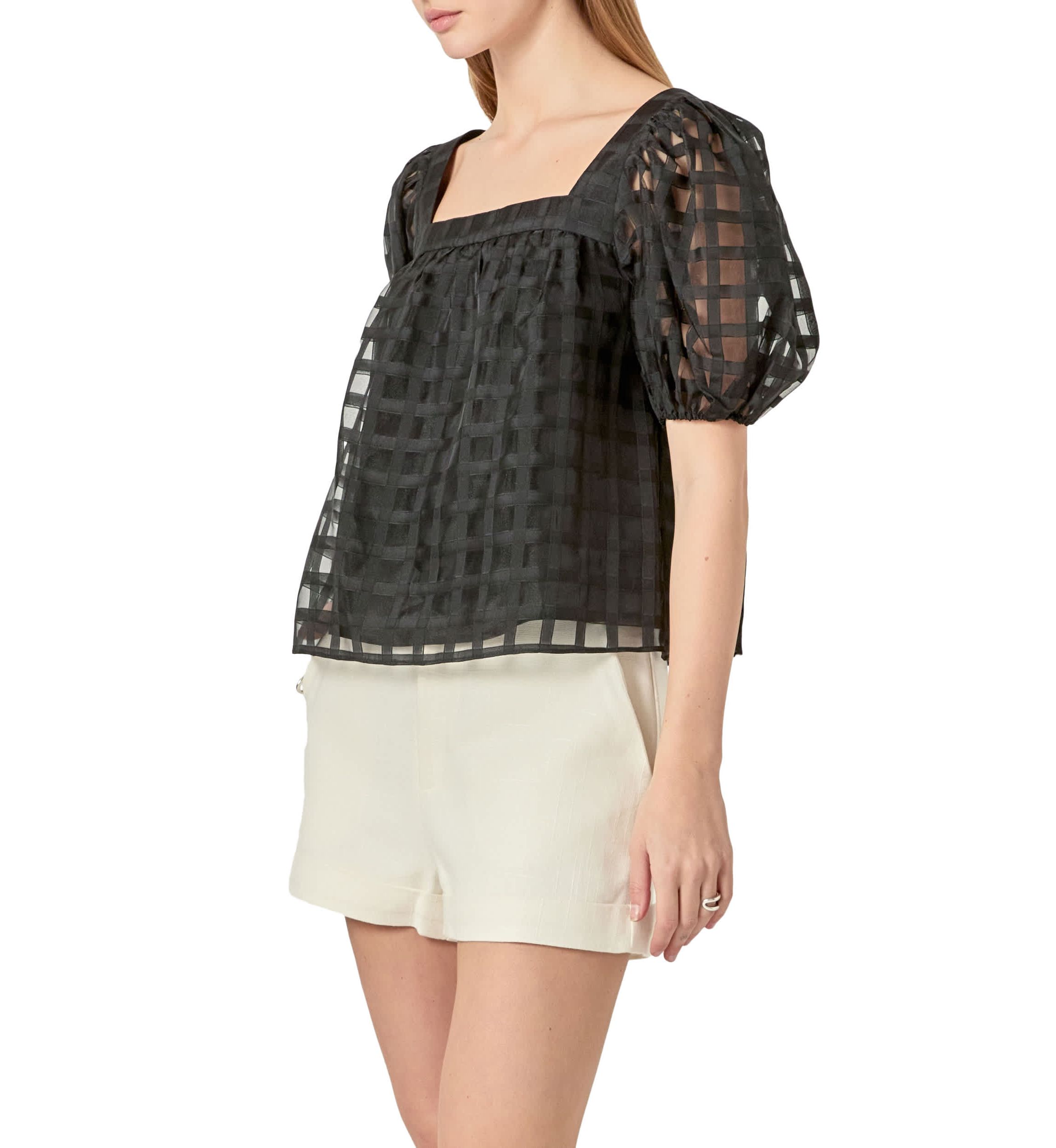 Organza Gridded Square Neck Crop Top