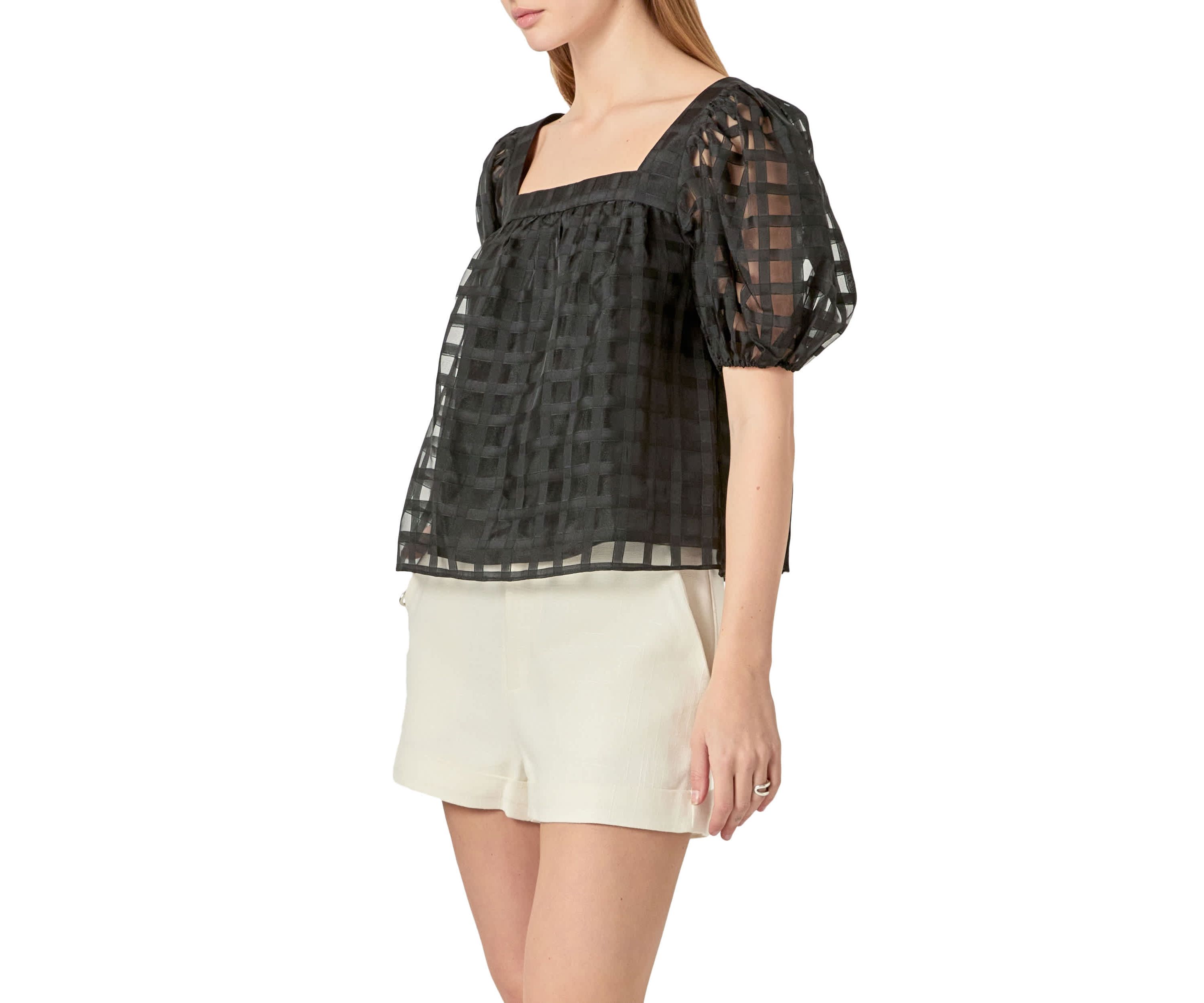 Organza Gridded Square Neck Crop Top