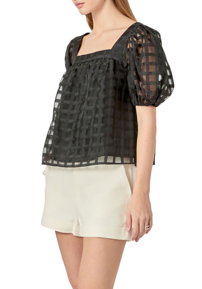 Organza Gridded Square Neck Crop Top
