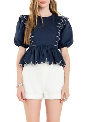 ENGLISH FACTORY Women's Contrast Scallop Edge Top, XS