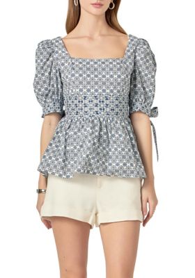 ENGLISH FACTORY Women's Print Block Smocked Top, Large