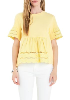 ENGLISH FACTORY Women's Knit Eyelet Mixed T-Shirts, Yellow, Medium
