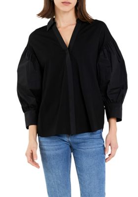 ENGLISH FACTORY Women's V-neckline Puff Sleeve Shirt, Black, Medium