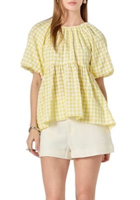ENGLISH FACTORY Women's Blouson Baby Doll Spaghetti Tie Top, Yellow, Large