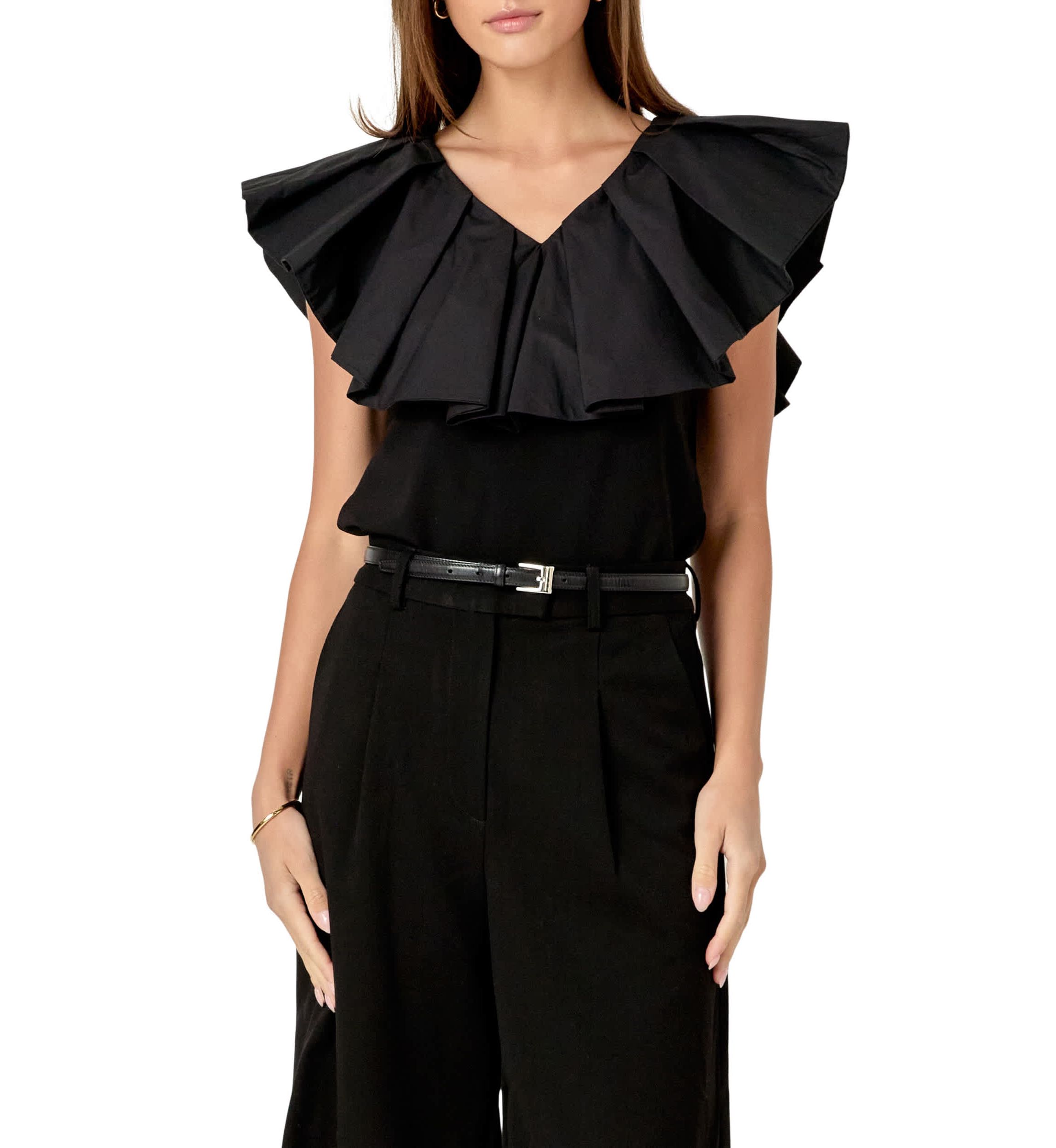 MIX MEDIA RUFFLED SLEEVELESS TOP